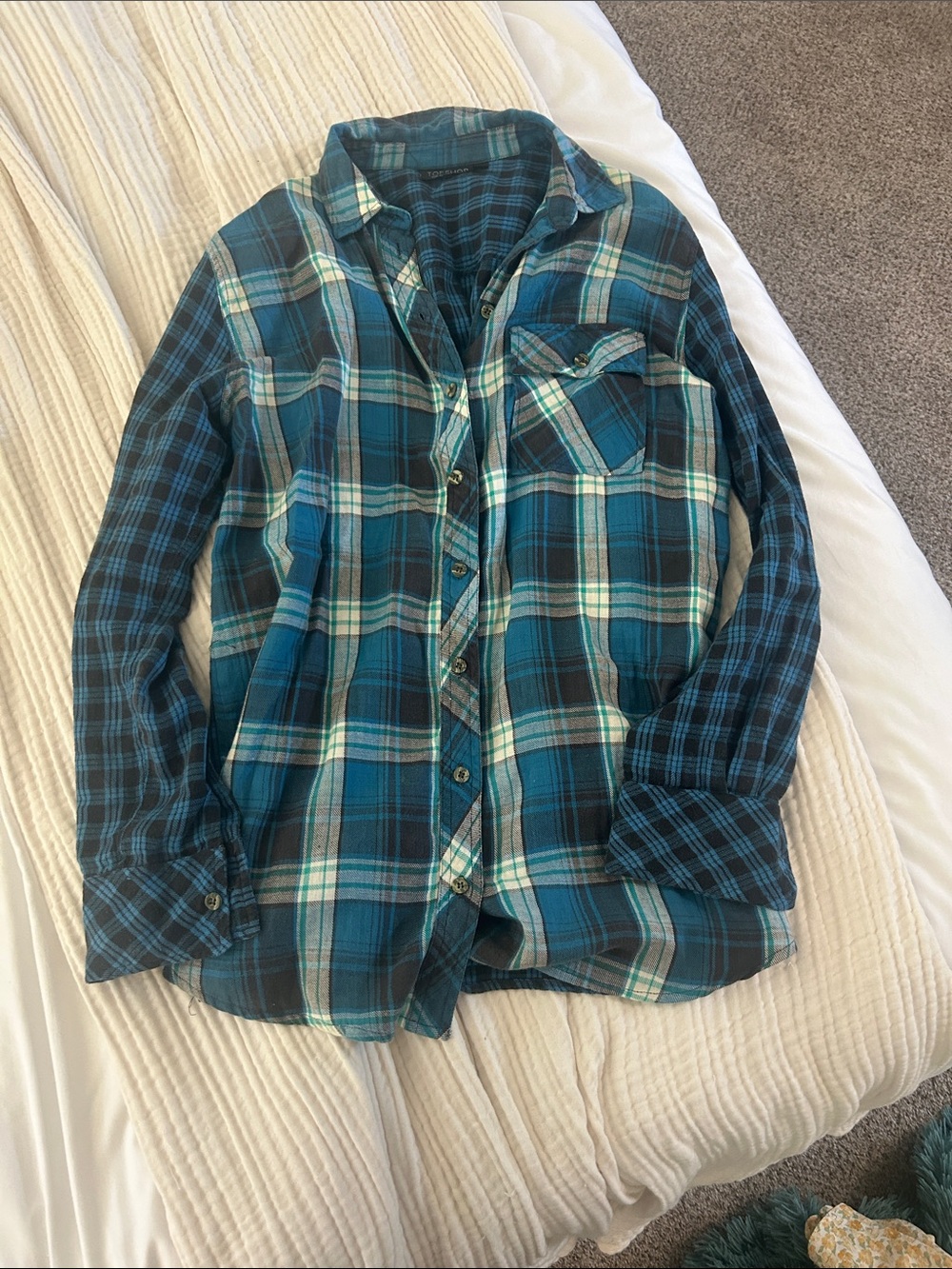 Topshop Teal and Navy Plaid Button-Down Shirt